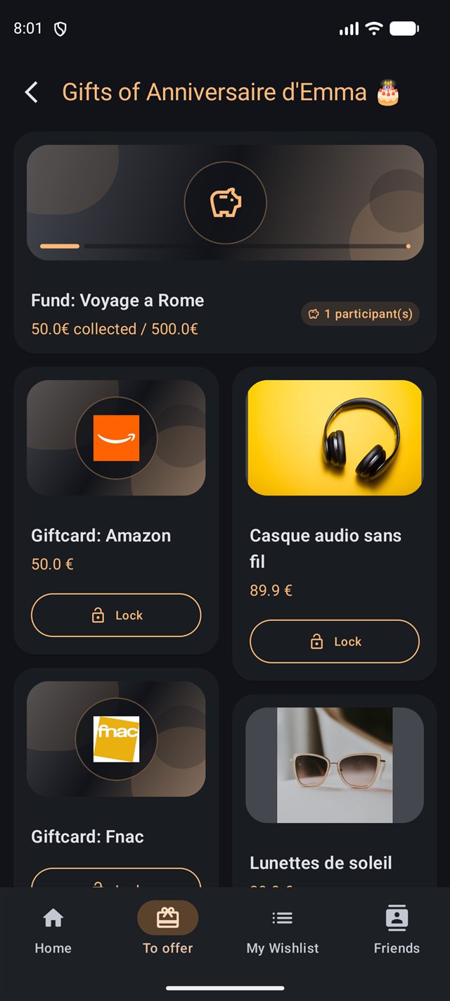 Wish'O Matic sur téléphone : liste de cadeaux d'anniversaire
