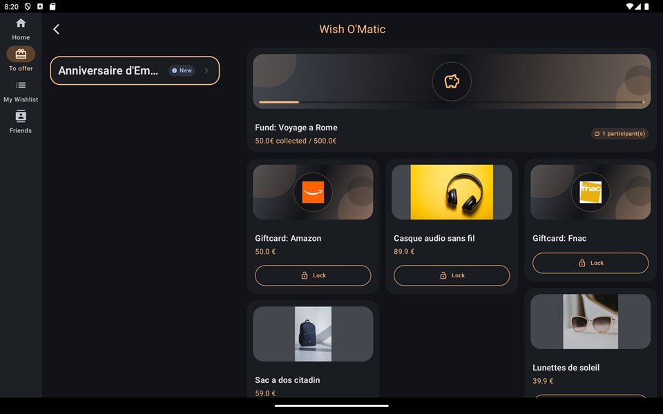 Wish'O Matic sur tablette : liste de cadeaux avec cagnotte et cartes cadeaux